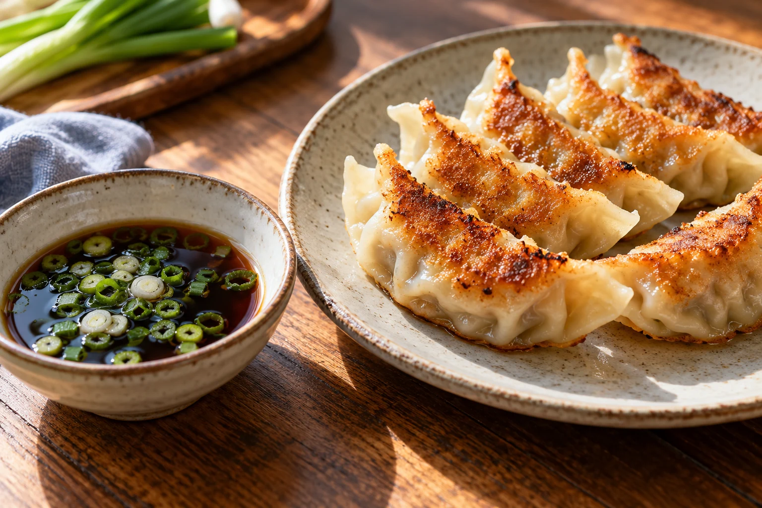 Coupelle de sauce soja et vinaigre à la ciboule, accompagnée de gyoza