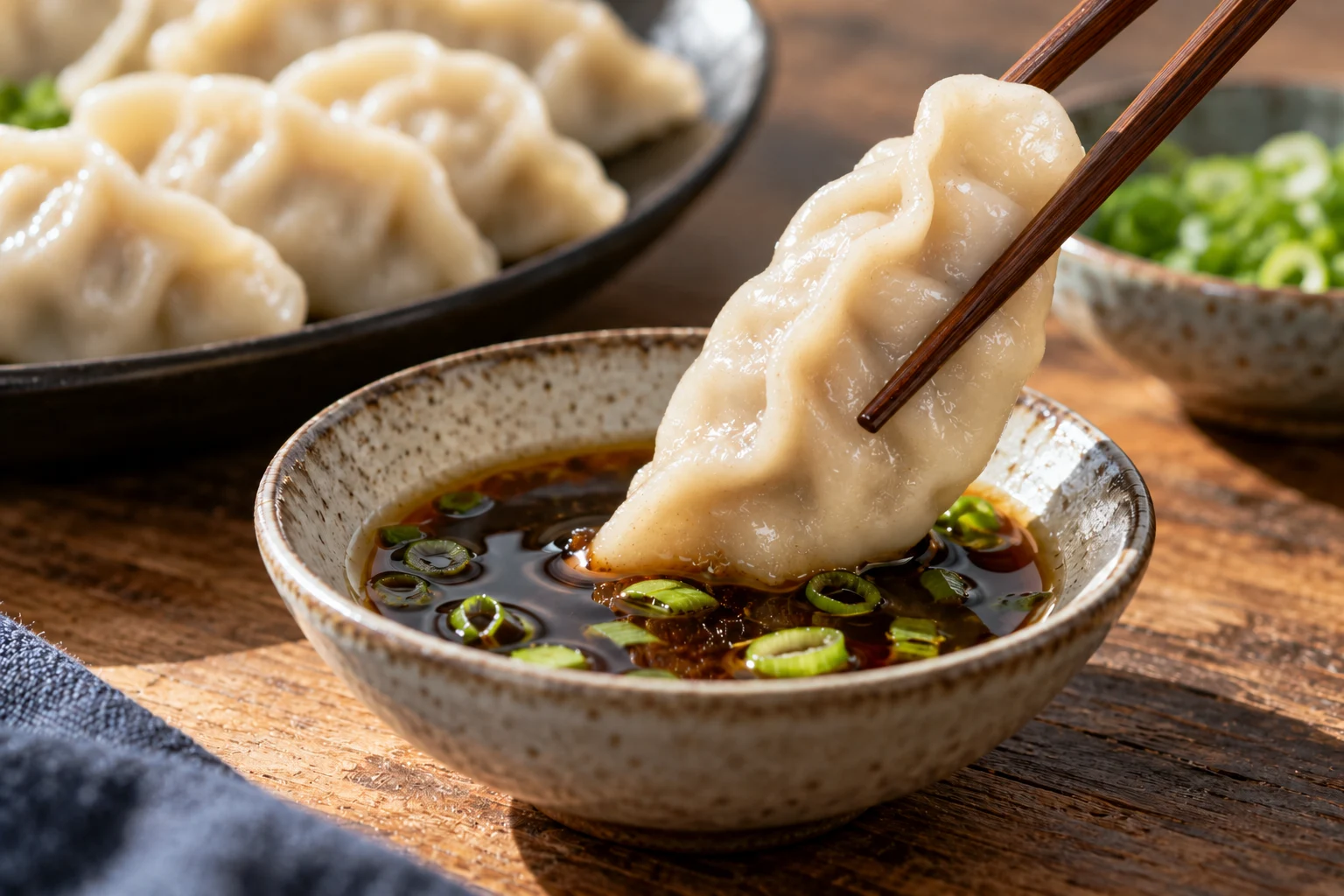 Un ravioli bouilli chinois (水饺) trempé dans une coupelle de sauce avec des baguettes